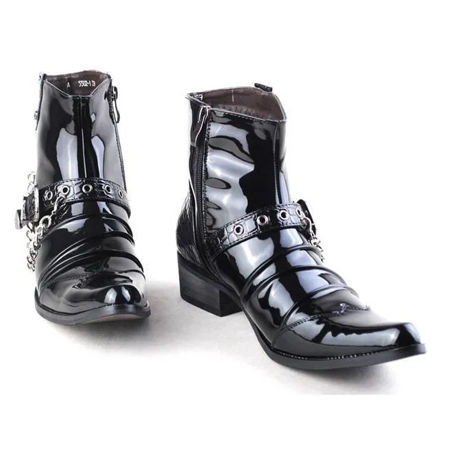 Herren Schnalle Kette Kunstleder Seitlicher Reißverschluss Schuhe Spitzstiefel