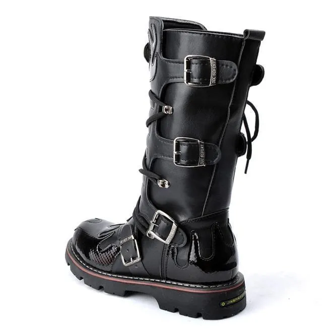 Herren Steampunk Fire Totem Schwarz Hohe Stiefel Motorradstiefel