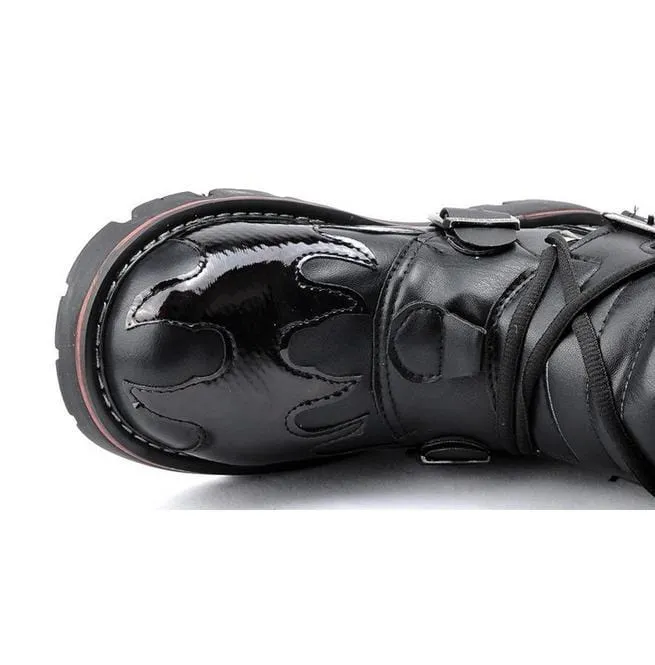 Herren Steampunk Fire Totem Schwarz Hohe Stiefel Motorradstiefel