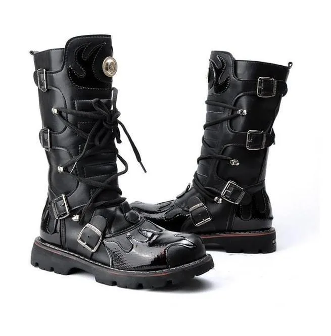 Herren Steampunk Fire Totem Schwarz Hohe Stiefel Motorradstiefel