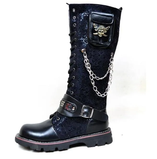 Herren Steampunk 16 Löcher Metall Niet Hohe Stiefel Engineer Motorradstiefel
