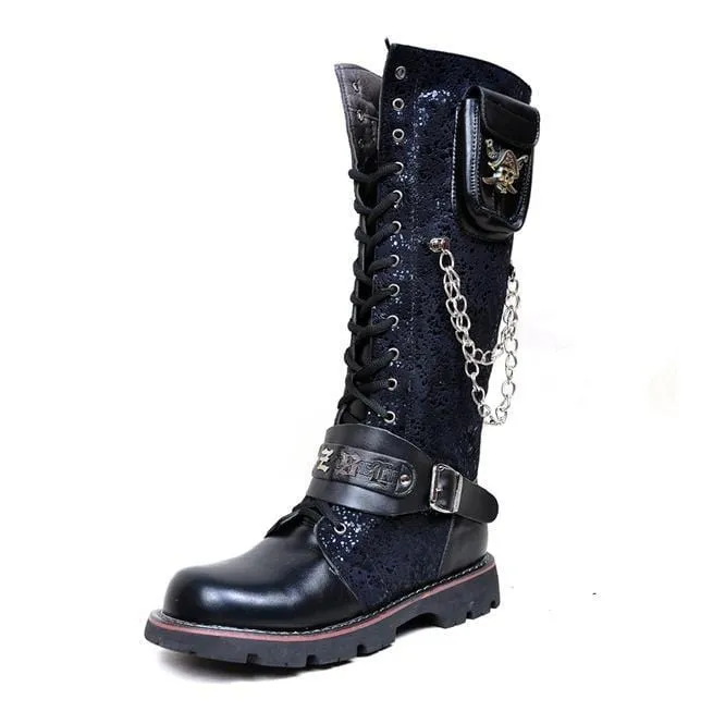 Herren Steampunk 16 Löcher Metall Niet Hohe Stiefel Engineer Motorradstiefel
