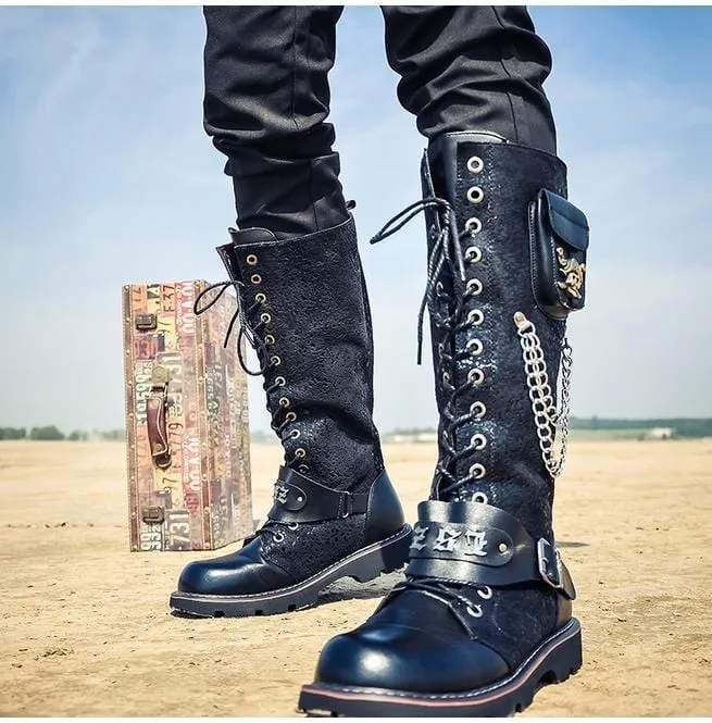 Herren Steampunk 16 Löcher Metall Niet Hohe Stiefel Engineer Motorradstiefel
