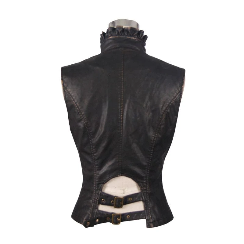 Damen Punk Kunstleder Weste mit Leder Rüschen