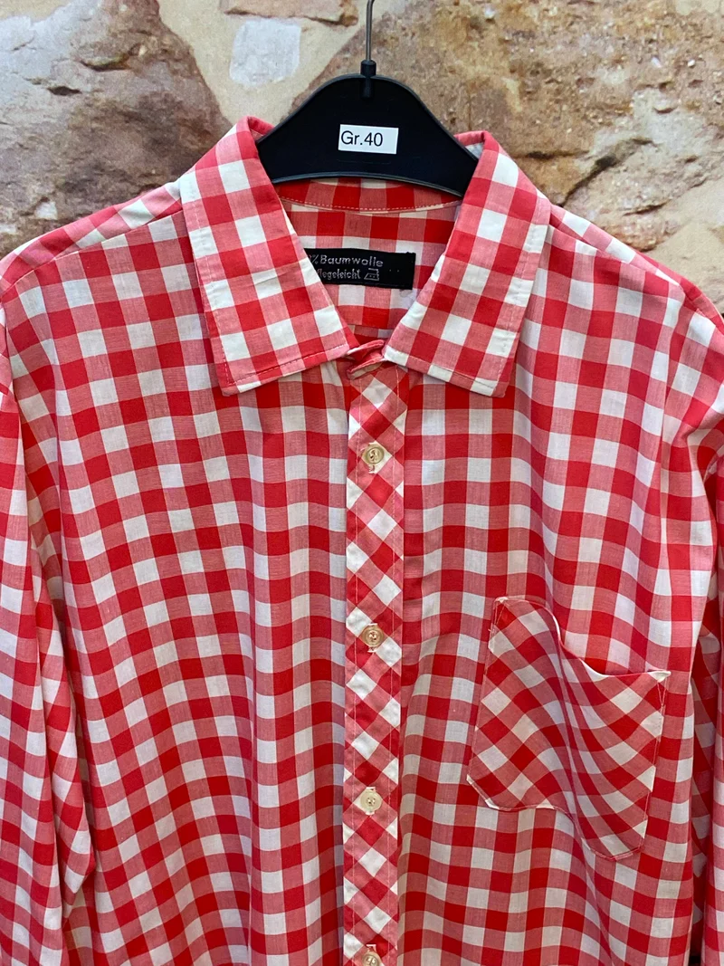 Vintage Trachtenhemd Herren Gr. 40 rot weiß kariert Baumwolle