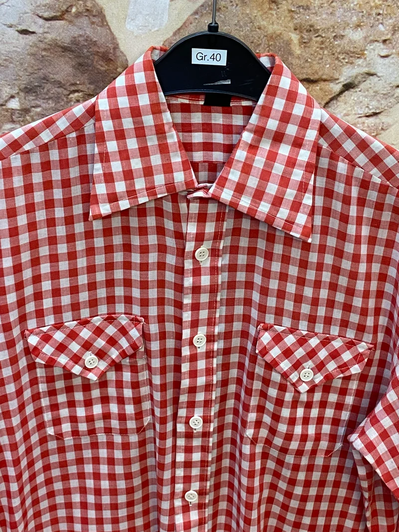 Vintage Trachtenhemd Herren Gr. 40 rot-weiß kariert