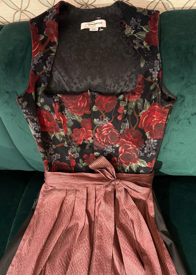 Dirndl Goldstich Samt Blumen schwarz/weinrot 65cm