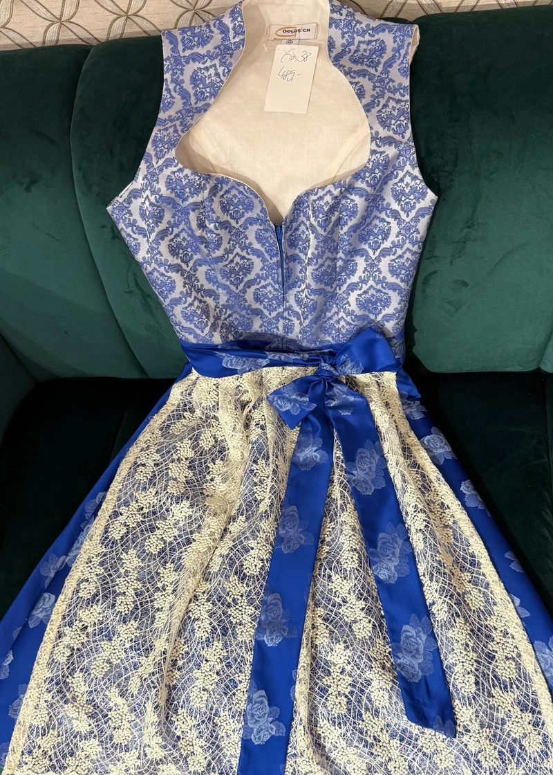 Dirndl Goldstich blau/silber Blumen 70cm
