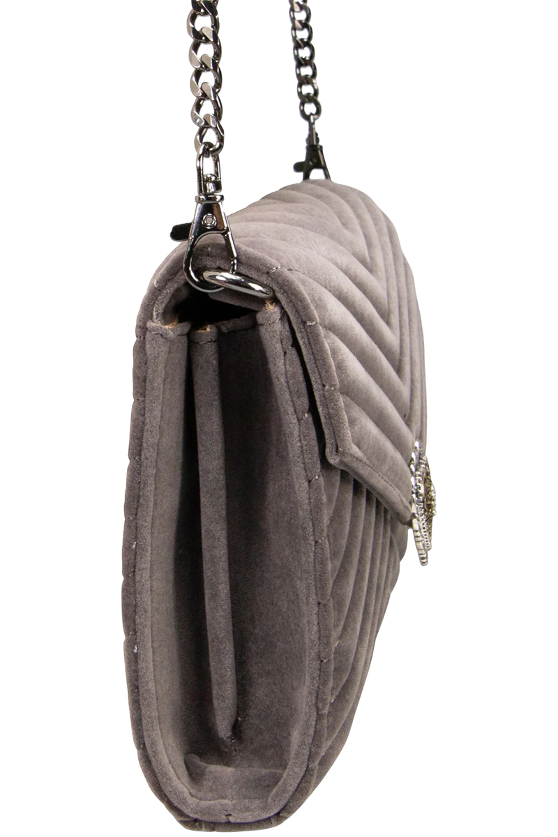 Damen Samtclutch Umhängetasche mit Herz - grau