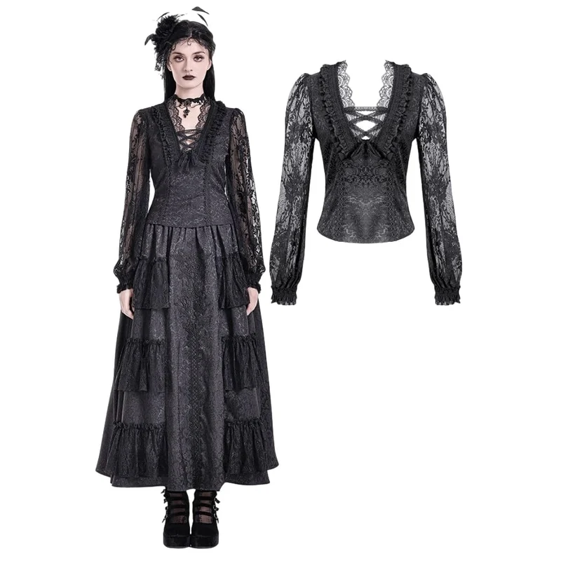 Gothic-Damen-Top mit Schnürung, Rüschen, Blumenmuster und Bischofsärmeln