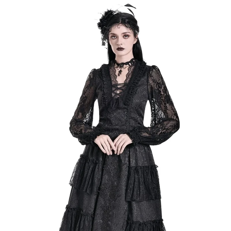 Gothic-Damen-Top mit Schnürung, Rüschen, Blumenmuster und Bischofsärmeln