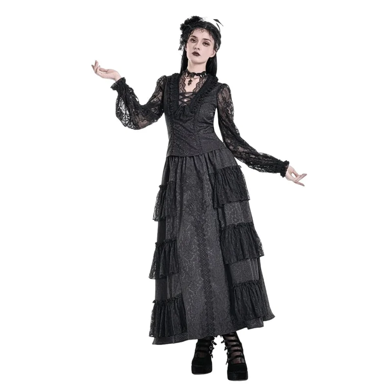 Gothic-Damen-Top mit Schnürung, Rüschen, Blumenmuster und Bischofsärmeln