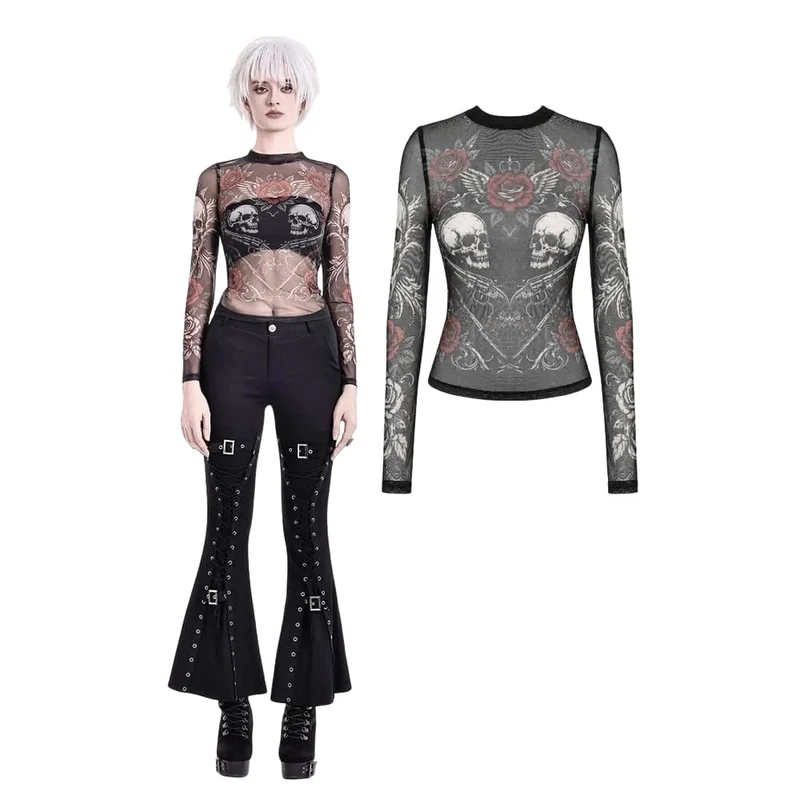 Gothic-Damen-Top mit Rosen-Totenkopf-Print, transparentem Mesh-Einsatz und langen Ärmeln