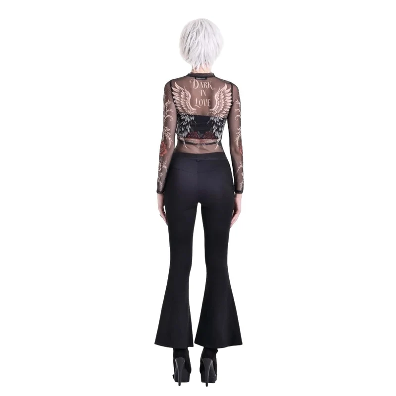 Gothic-Damen-Top mit Rosen-Totenkopf-Print, transparentem Mesh-Einsatz und langen Ärmeln