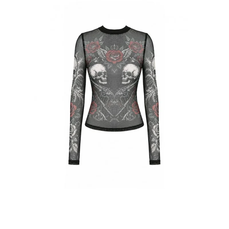 Gothic-Damen-Top mit Rosen-Totenkopf-Print, transparentem Mesh-Einsatz und langen Ärmeln