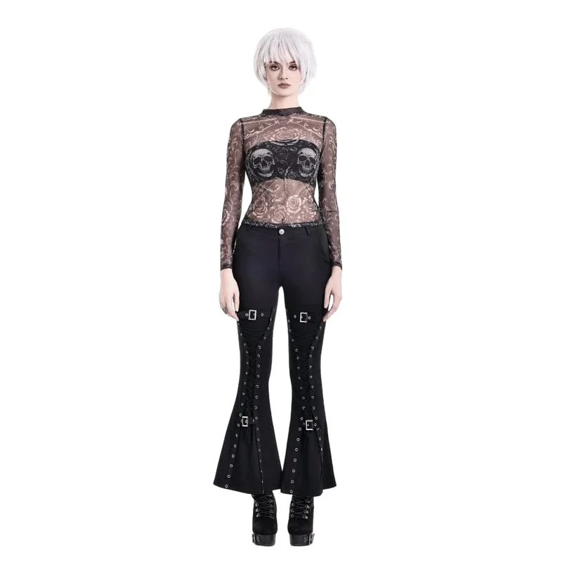 Gothic-T-Shirt für Damen mit Totenkopf- und Blumenmuster, transparentem Mesh-Einsatz und langen Ärmeln