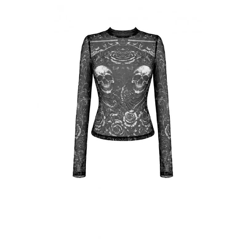 Gothic-T-Shirt für Damen mit Totenkopf- und Blumenmuster, transparentem Mesh-Einsatz und langen Ärmeln