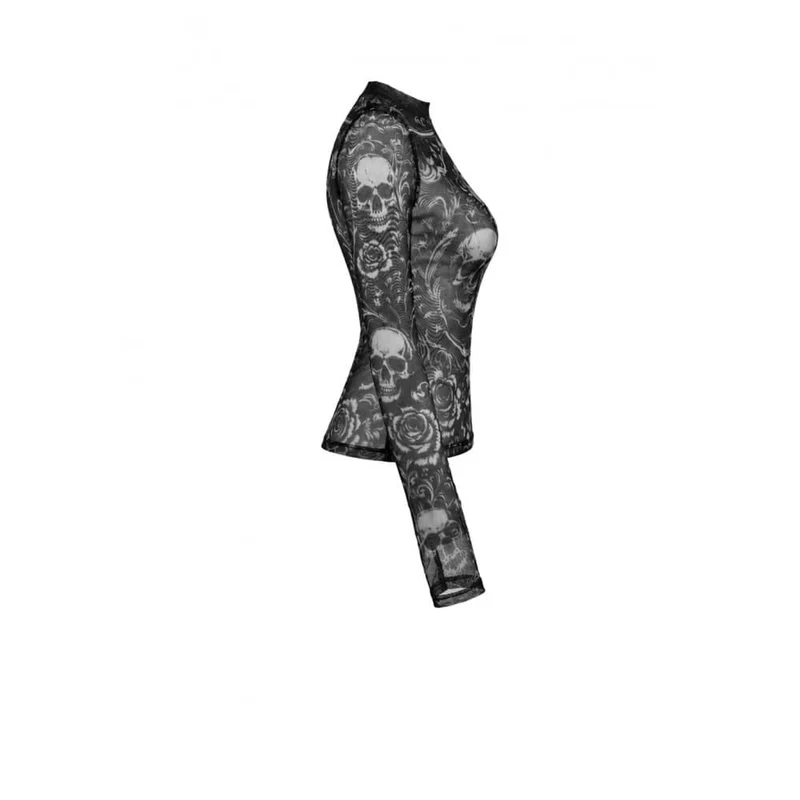 Gothic-T-Shirt für Damen mit Totenkopf- und Blumenmuster, transparentem Mesh-Einsatz und langen Ärmeln