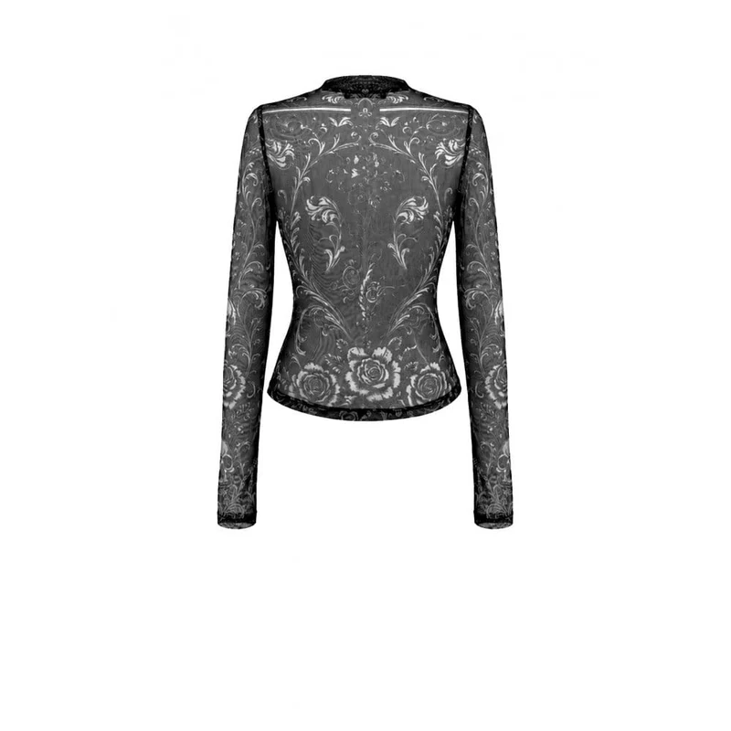 Gothic-T-Shirt für Damen mit Totenkopf- und Blumenmuster, transparentem Mesh-Einsatz und langen Ärmeln