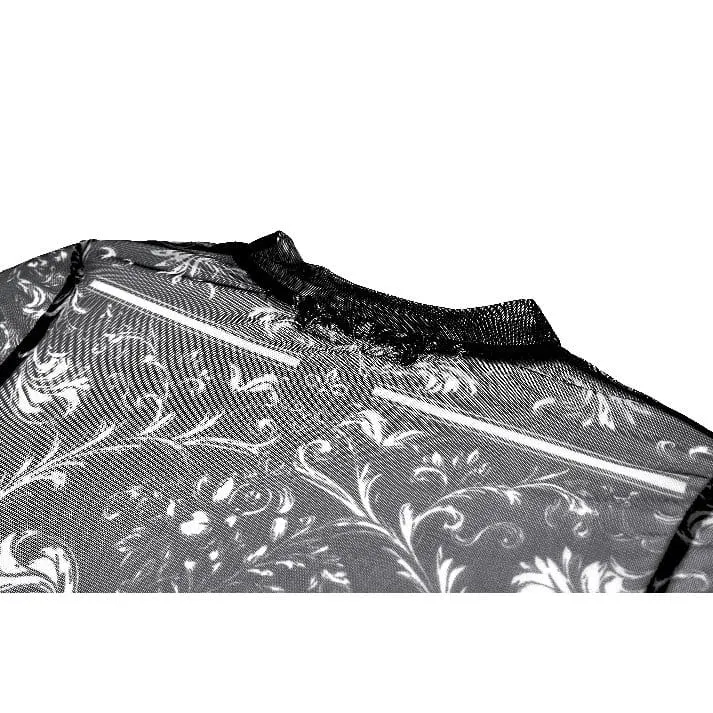 Gothic-T-Shirt für Damen mit Totenkopf- und Blumenmuster, transparentem Mesh-Einsatz und langen Ärmeln