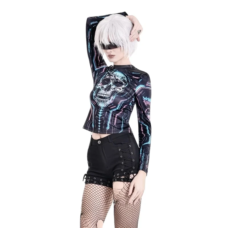 Damen Cyberpunk Neon Circuit Totenkopf-Print Stehkragen Langarmshirt
