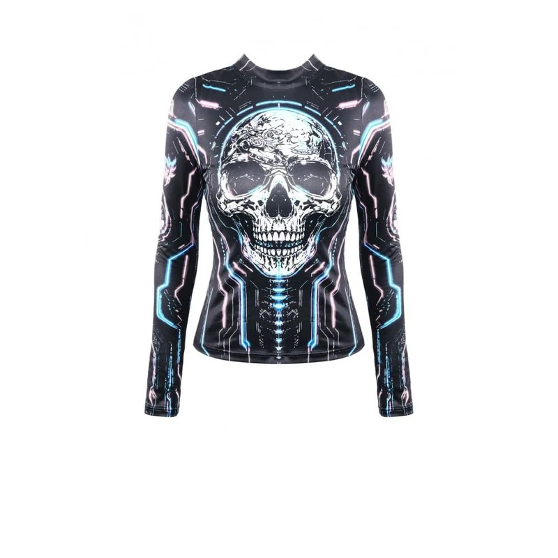 Damen Cyberpunk Neon Circuit Totenkopf-Print Stehkragen Langarmshirt