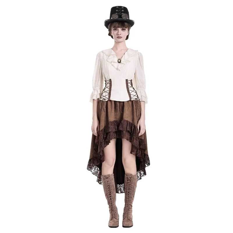 Steampunk-Bluse für Damen mit Schnürung, Rüschen, V-Ausschnitt und 3/4-Ärmeln