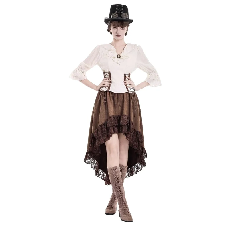 Steampunk-Bluse für Damen mit Schnürung, Rüschen, V-Ausschnitt und 3/4-Ärmeln