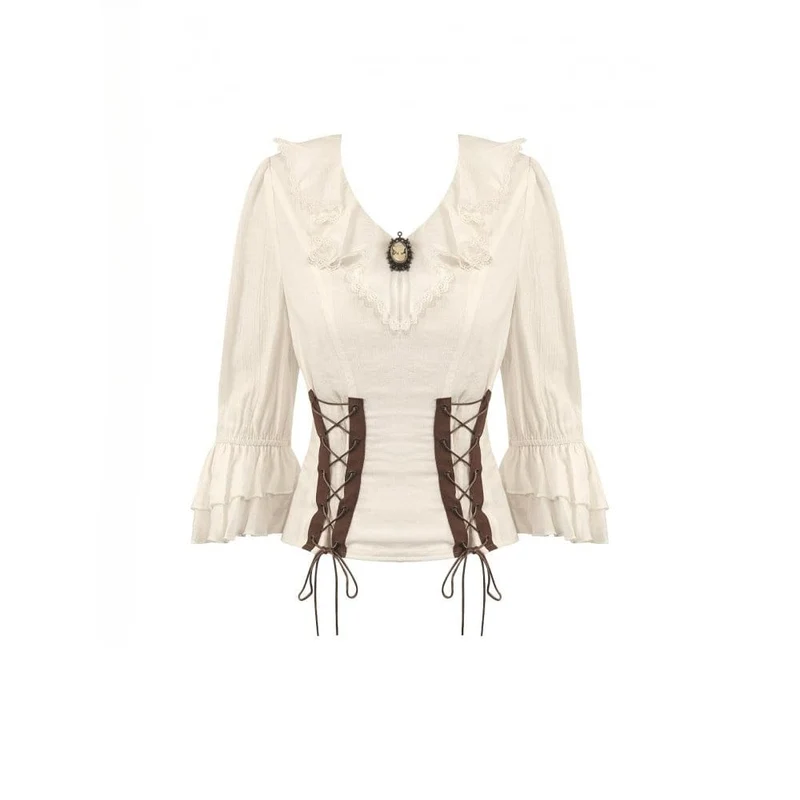 Steampunk-Bluse für Damen mit Schnürung, Rüschen, V-Ausschnitt und 3/4-Ärmeln