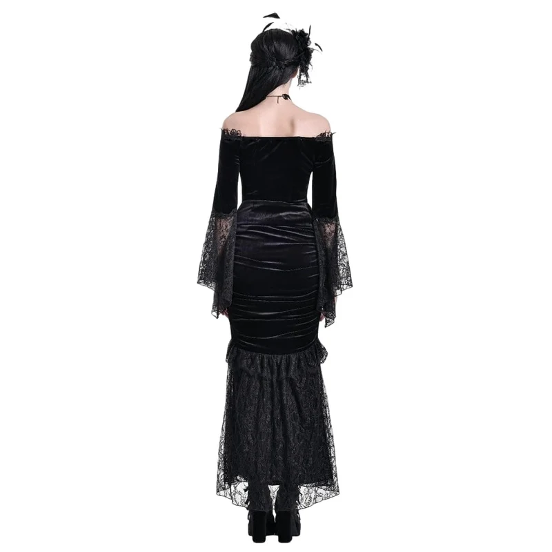 Gothic-Samttop für Damen mit floralem Spitzen-Patchwork, schulterfreiem Design und Glockenärmeln
