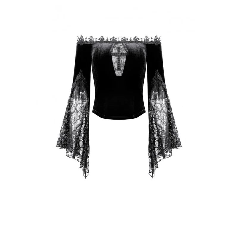 Gothic-Samttop für Damen mit floralem Spitzen-Patchwork, schulterfreiem Design und Glockenärmeln