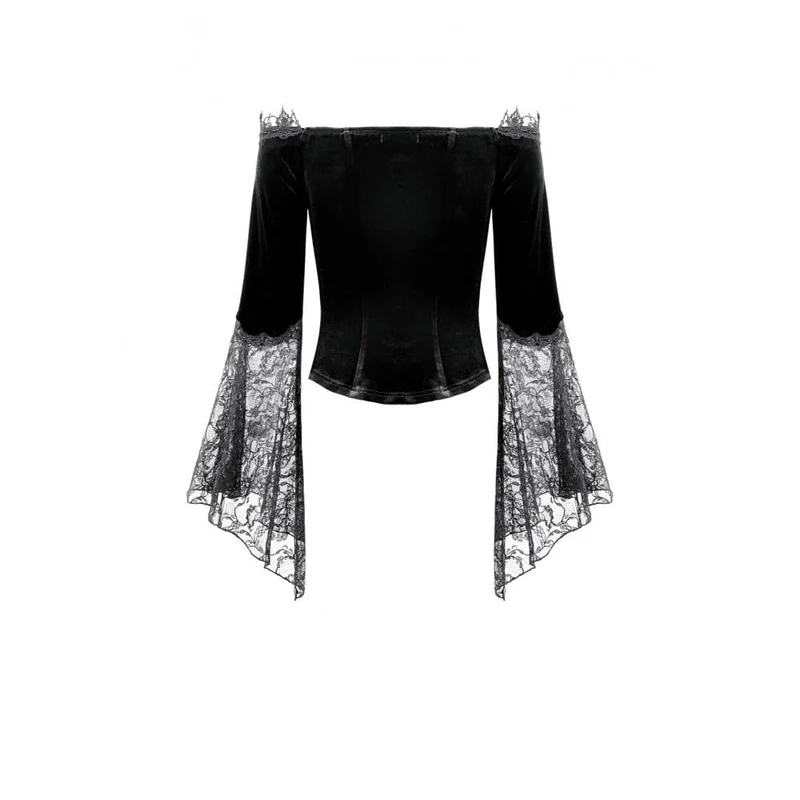 Gothic-Samttop für Damen mit floralem Spitzen-Patchwork, schulterfreiem Design und Glockenärmeln