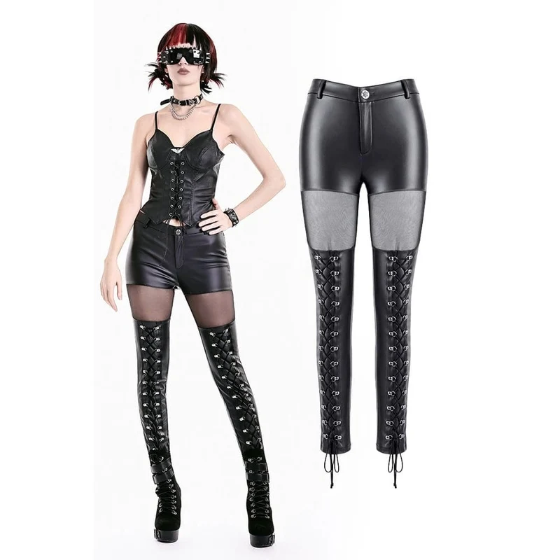 Cyberpunk Damen-Skinny-Hose aus transparentem Mesh-Patchwork mit Schnürung und Kunstleder