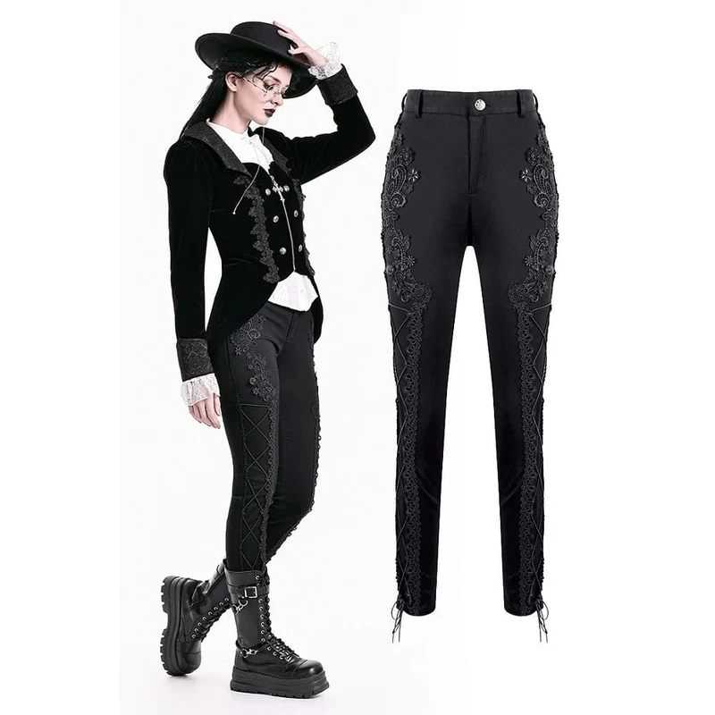 Gothic-Skinny-Hose für Damen mit floraler Spitzenapplikation und Schnürung
