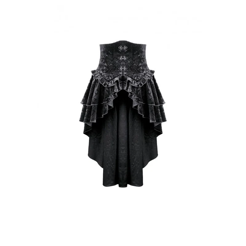 Gothic-Stufenrock aus geprägtem Samt mit Rüschen, asymmetrischem Saum und Unterbrust-Korsett für Damen