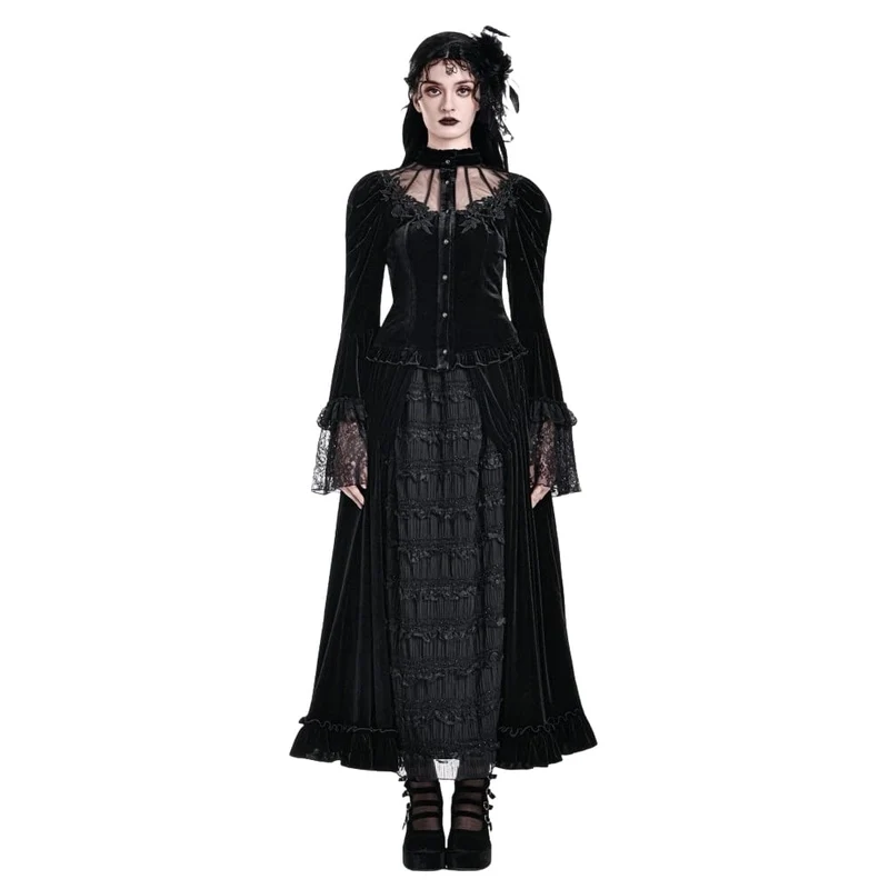 Gothic-Lagenrock aus Samt mit Falten, Mesh-Einsätzen und A-Linien-Design für Damen