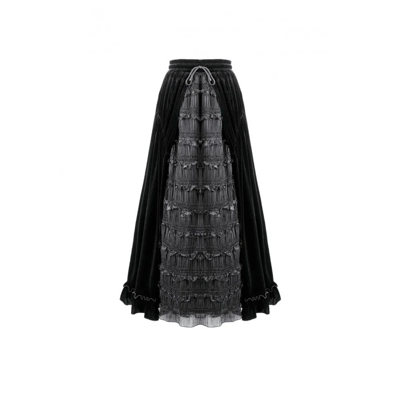 Gothic-Lagenrock aus Samt mit Falten, Mesh-Einsätzen und A-Linien-Design für Damen