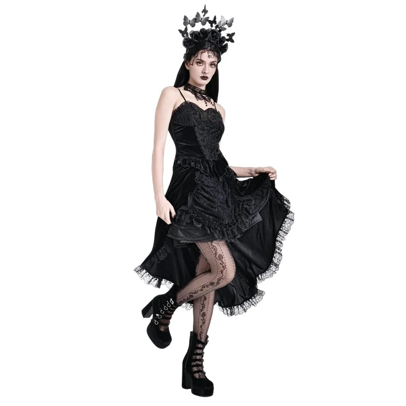 Gothic-Samtrock für Damen mit Schnürung, Rüschen und asymmetrischem Saum
