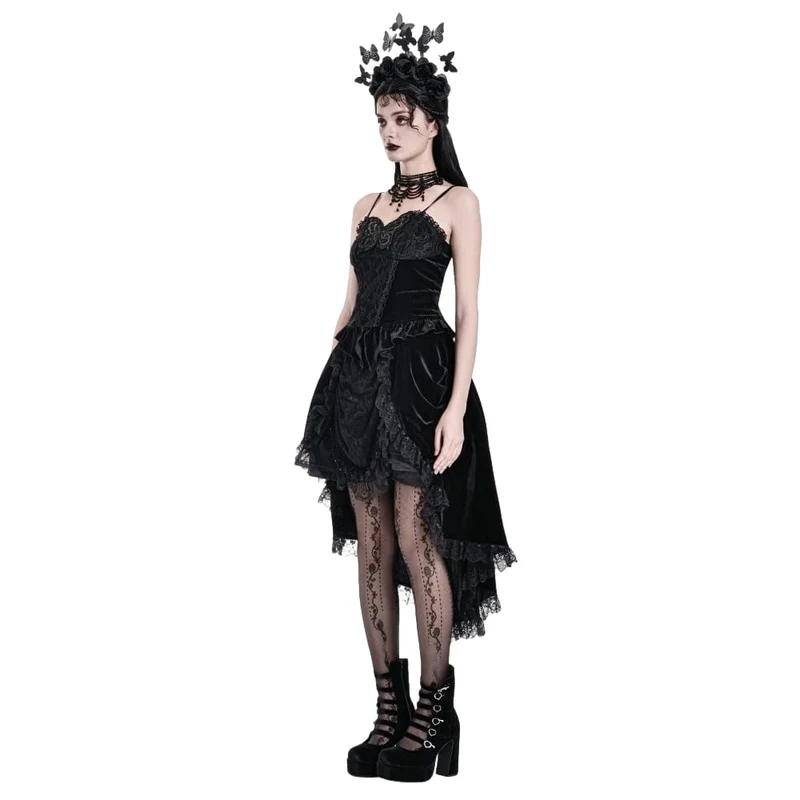 Gothic-Samtrock für Damen mit Schnürung, Rüschen und asymmetrischem Saum