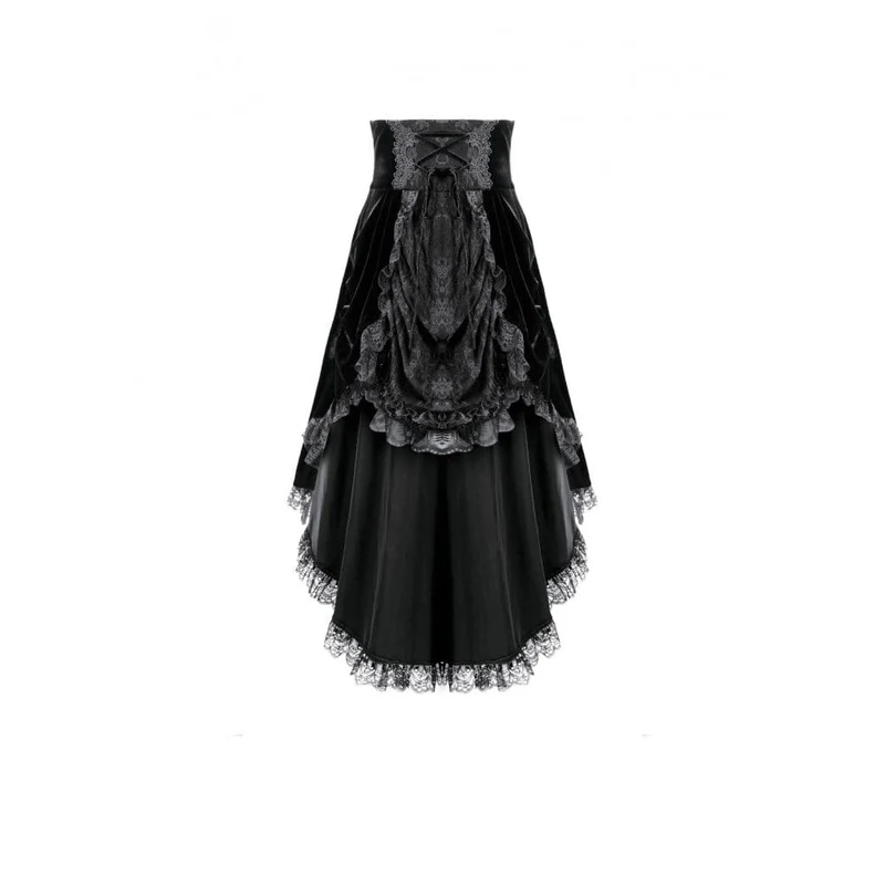 Gothic-Samtrock für Damen mit Schnürung, Rüschen und asymmetrischem Saum