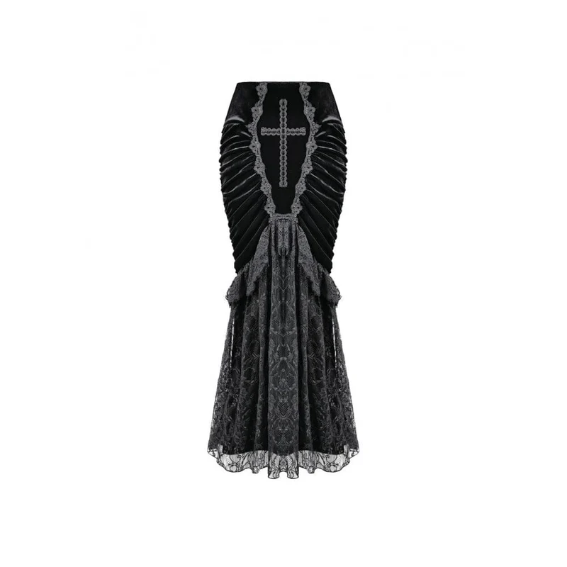Gothic-Meerjungfrauenrock aus Samt mit floralem Spitzen-Patchwork, gerafftem Kreuzmuster und Zierelementen