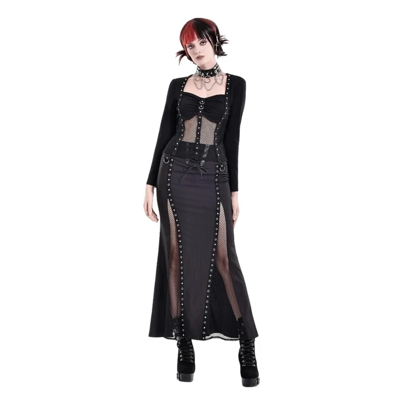 Damen-Meerjungfrauenrock im Cyberpunk-Stil mit Schnürung, Ösen und Mesh-Einsätzen