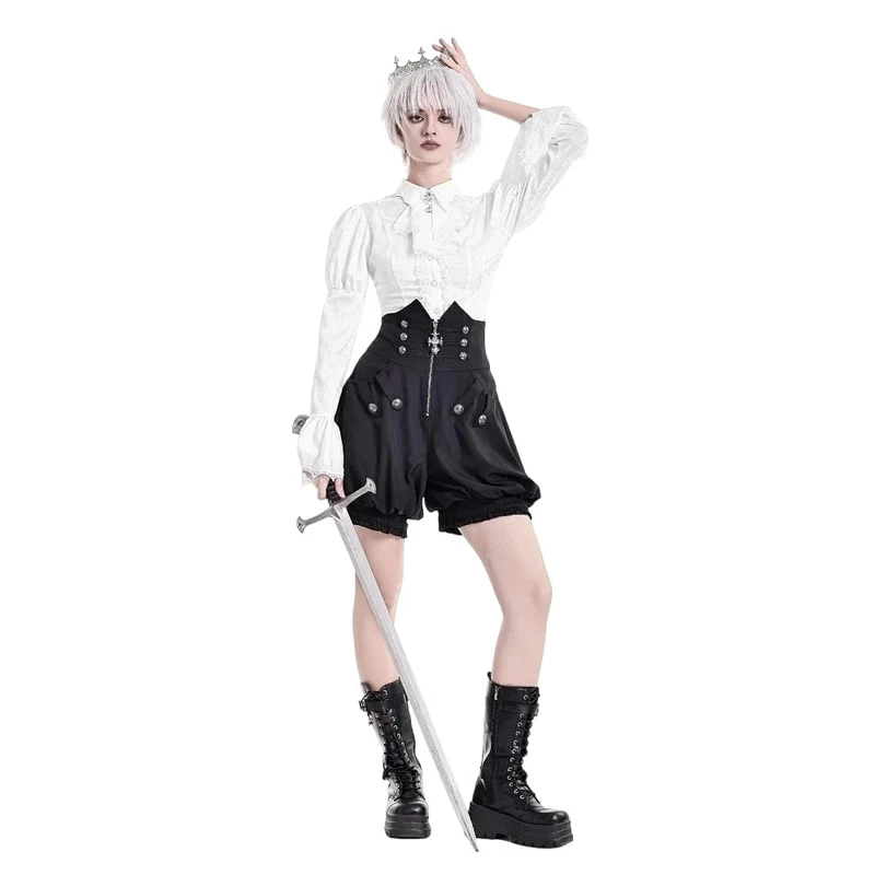 Gothic-Bluse für Damen mit Schnürung, Umlegekragen und Puffärmeln
