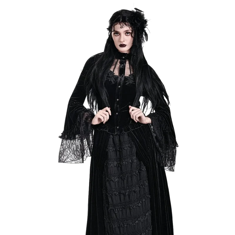 Gothic-Bluse aus Samt für Damen mit floralen Applikationen, gerafften Glockenärmeln und Rüschen.