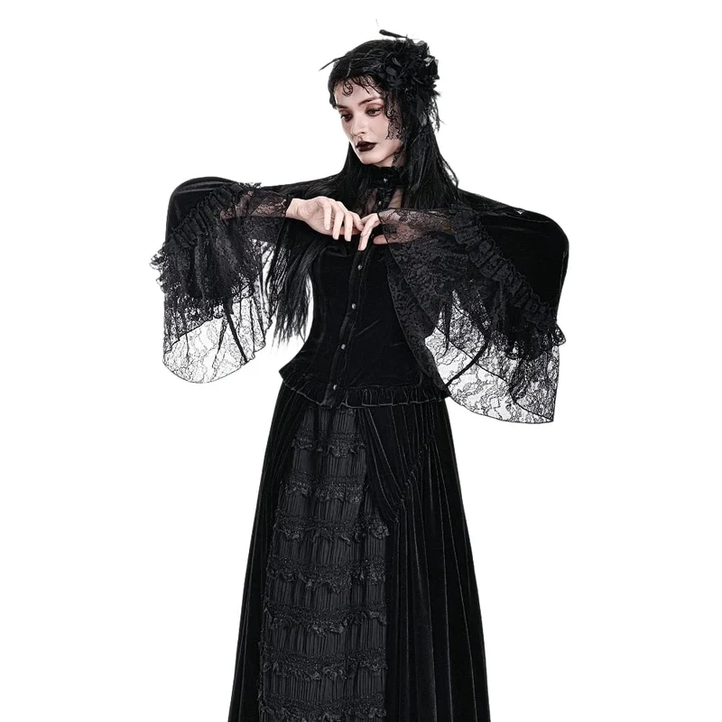 Gothic-Bluse aus Samt für Damen mit floralen Applikationen, gerafften Glockenärmeln und Rüschen.
