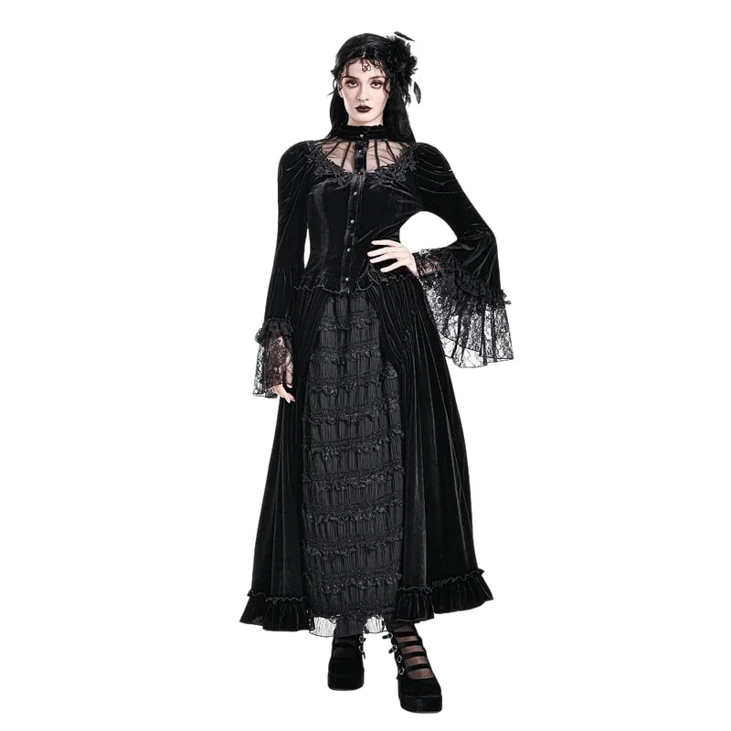 Gothic-Bluse aus Samt für Damen mit floralen Applikationen, gerafften Glockenärmeln und Rüschen.