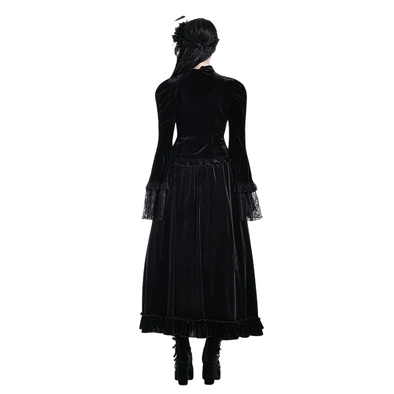 Gothic-Bluse aus Samt für Damen mit floralen Applikationen, gerafften Glockenärmeln und Rüschen.