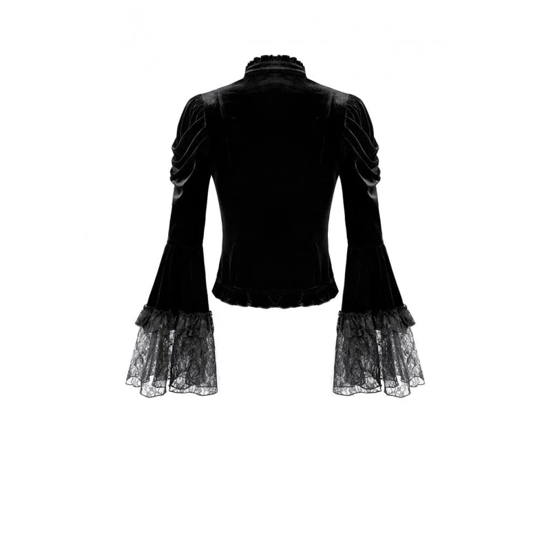 Gothic-Bluse aus Samt für Damen mit floralen Applikationen, gerafften Glockenärmeln und Rüschen.