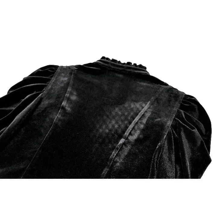 Gothic-Bluse aus Samt für Damen mit floralen Applikationen, gerafften Glockenärmeln und Rüschen.