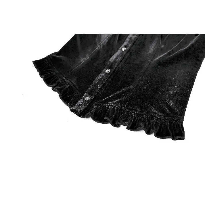 Gothic-Bluse aus Samt für Damen mit floralen Applikationen, gerafften Glockenärmeln und Rüschen.
